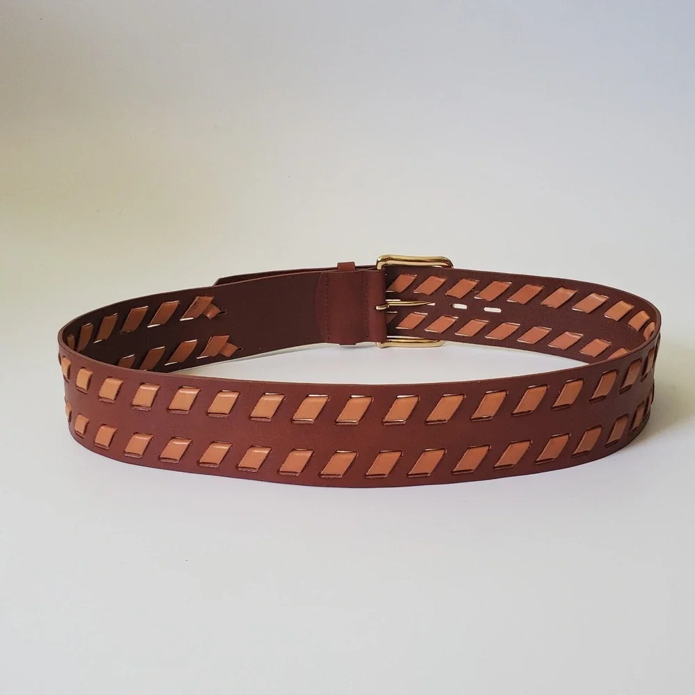 Chicos Wide Woven Leather Hip Belt Medium‎ Brown Tan Adjustable Boho Western